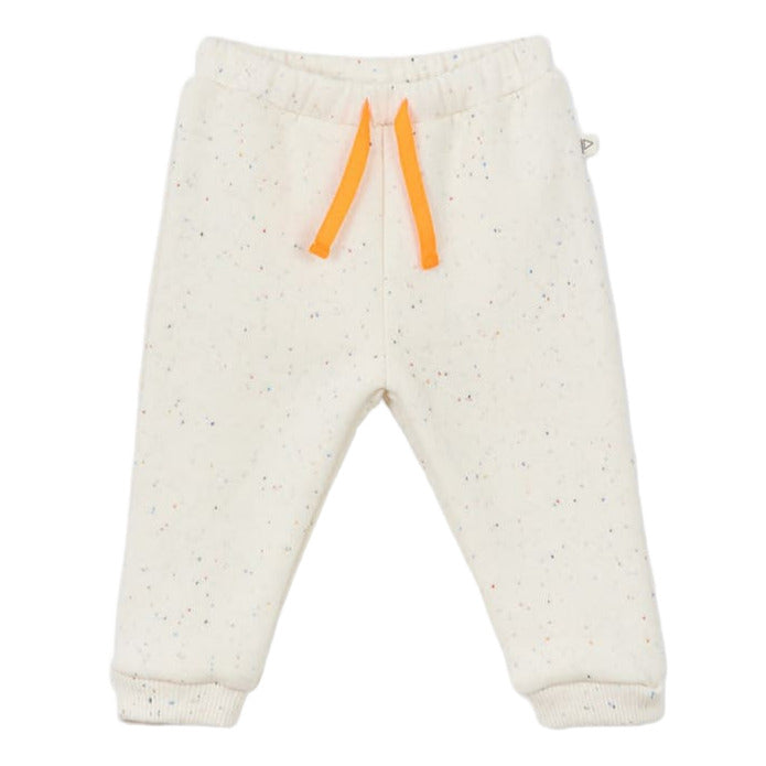 The Arsene & Les Pipelettes Baby Gabano Speckled Joggers feature white speckled fleece, an elastic waistband, and orange drawstrings, shown on a plain white background.