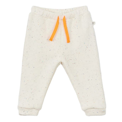 The Arsene & Les Pipelettes Baby Gabano Speckled Joggers feature white speckled fleece, an elastic waistband, and orange drawstrings, shown on a plain white background.