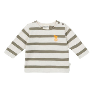 The Arsene & Les Pipelettes Baby Boys' Charly Striped Shirt features long sleeves, grey and white stripes, two shoulder buttons for easy changing, and an orange embroidered chest patch.