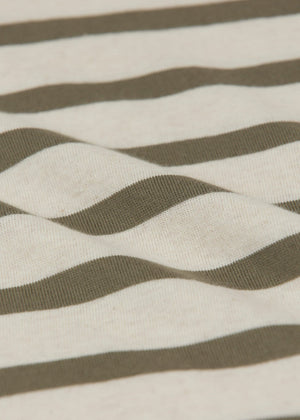 Close-up of the Baby Boys' Charly Striped Shirt by Arsene & Les Pipelettes, showing its horizontal olive green and off-white stripes with a gentle wave—ideal for a classic baby sailor look.