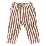 The Arsene & Les Pipelettes Baby Boys' German Striped Trousers feature vertical brown and white stripes, an elastic drawstring waistband, and handy side pockets.