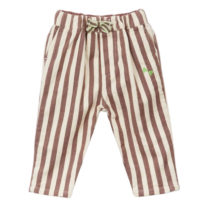 The Arsene & Les Pipelettes Baby Boys' German Striped Trousers feature vertical brown and white stripes, an elastic drawstring waistband, and handy side pockets.
