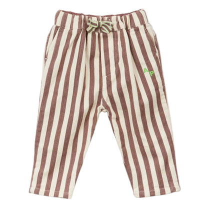 The Arsene & Les Pipelettes Baby Boys' German Striped Trousers feature vertical brown and white stripes, an elastic drawstring waistband, and handy side pockets.