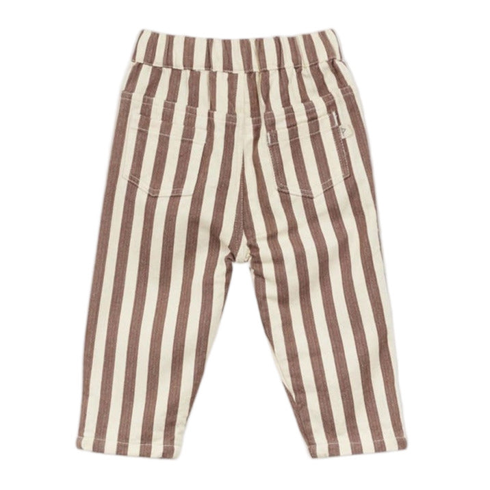 Arsene & Les Pipelettes Baby Boys' German Striped Trousers featuring vertical brown and beige stripes and two back pockets, shown on a white background.