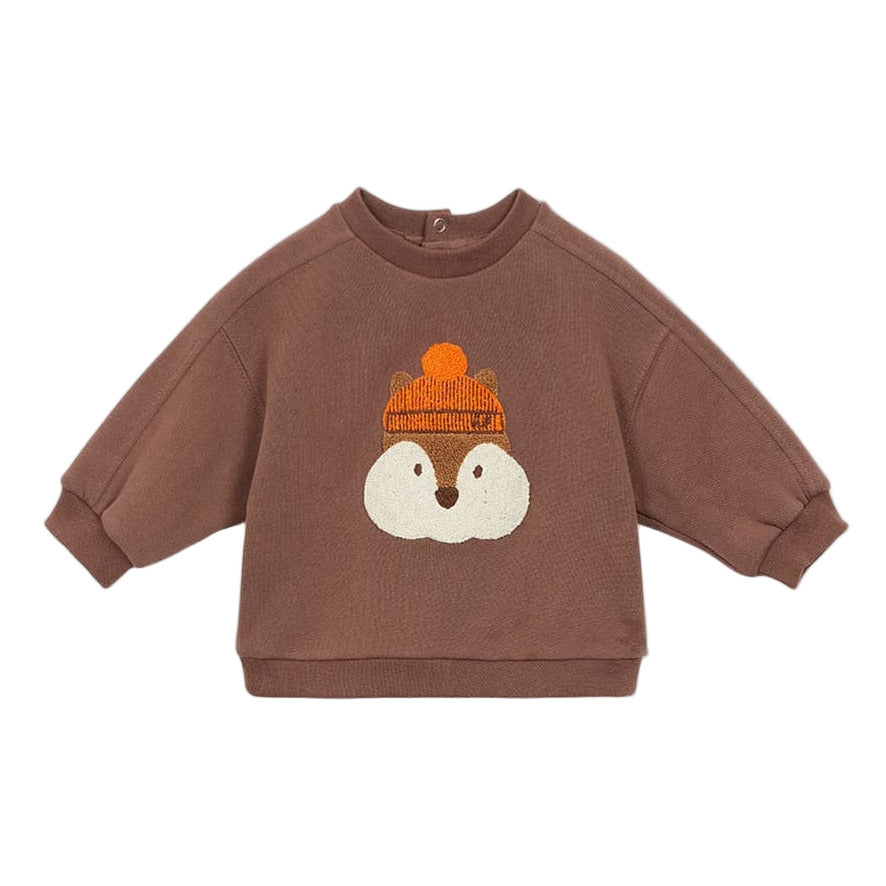 The Arsene & Les Pipelettes Baby Boys' Gibson Squirrel Sweatshirt features a brown design with a cute squirrel face in an orange knit hat, ribbed cuffs and hem—an adorable addition to your baby’s wardrobe.