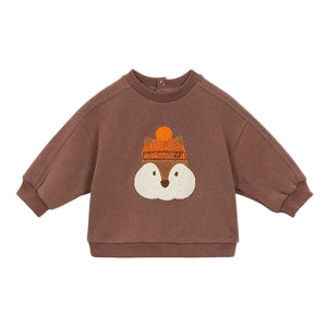 The Arsene & Les Pipelettes Baby Boys' Gibson Squirrel Sweatshirt features a brown design with a cute squirrel face in an orange knit hat, ribbed cuffs and hem—an adorable addition to your baby’s wardrobe.