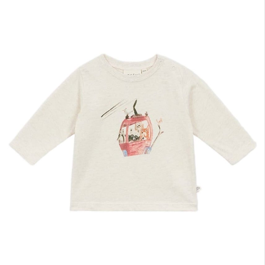 The Arsene & Les Pipelettes Baby Golbert T-shirt Cable Car Bio is an off-white, long-sleeve baby tee featuring animals riding in a red cable car illustrated on the front.