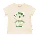 The Baby Pasta E Basta T-Shirt by Arsene & Les Pipelettes is a cream-colored organic cotton tee featuring playful green "LA PASTA E BASTA" text and a whimsical pasta bowl illustration on the front, finished with snap closures for easy changes.
