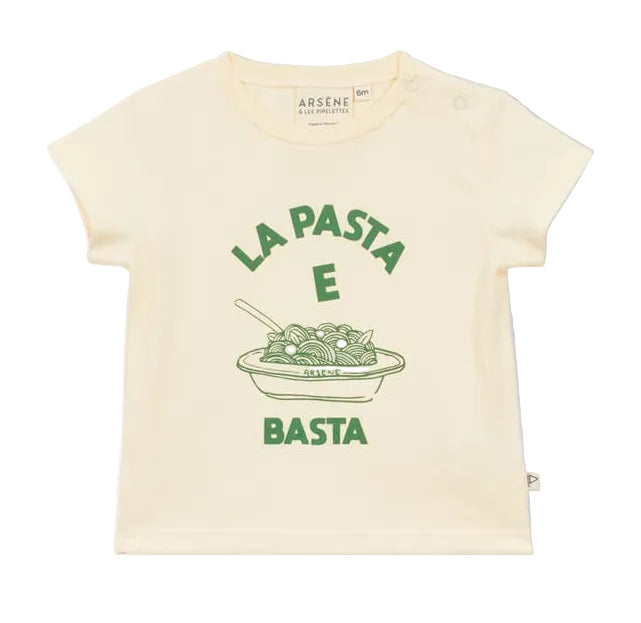 The Baby Pasta E Basta T-Shirt by Arsene & Les Pipelettes is a cream-colored organic cotton tee featuring playful green "LA PASTA E BASTA" text and a whimsical pasta bowl illustration on the front, finished with snap closures for easy changes.
