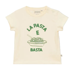 The Baby Pasta E Basta T-Shirt by Arsene & Les Pipelettes is a cream-colored organic cotton tee featuring playful green "LA PASTA E BASTA" text and a whimsical pasta bowl illustration on the front, finished with snap closures for easy changes.