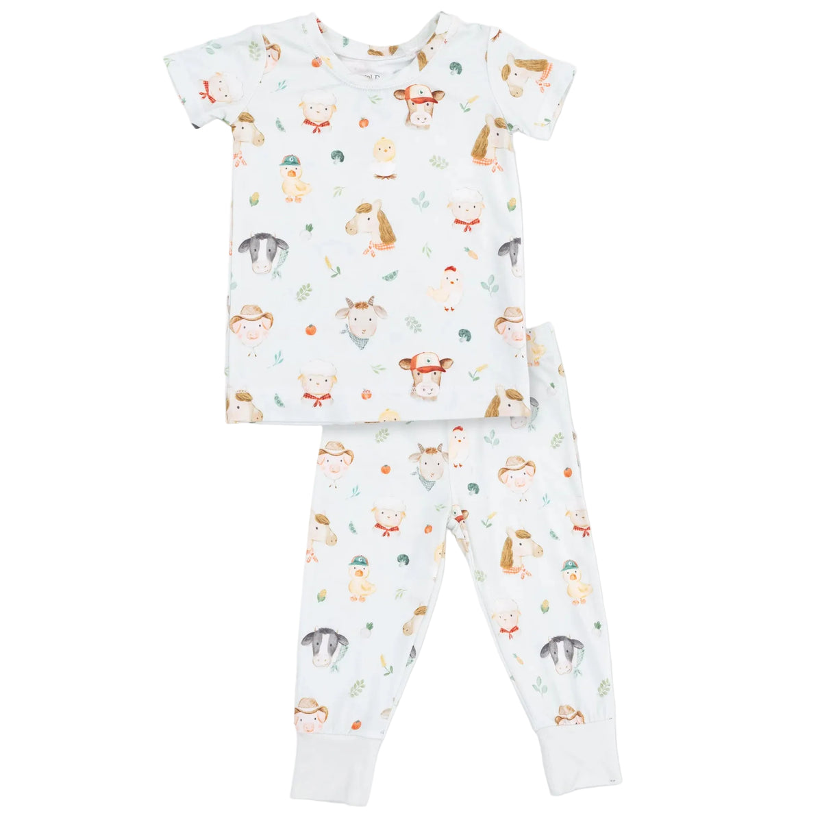Angel Dear Baby and Kids’ Short Sleeve Loungewear Set, a 2-piece white pajama set for children, features colorful animal faces and nature-themed illustrations on both the top and pants. Laid flat on a white background, these perfect toddler pajamas are ideal for cozy nights and playful mornings.