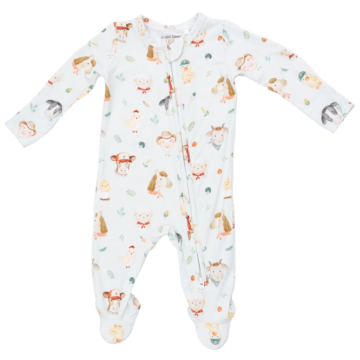 This adorable Angel Dear Baby 2-Way Zipper Footie is a white, long-sleeve infant onesie decorated with cartoon farm animals and plants, and features a convenient diagonal 2-way zipper from neck to leg for easy changes.