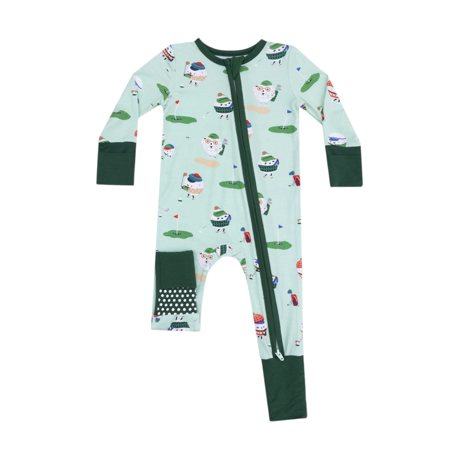 The Angel Dear Baby Golf Pros 2-Way Zipper Romper features a golf print, dark green cuffs, and a diagonal zipper. Made from ultra-soft bamboo viscose for all-day comfort.
