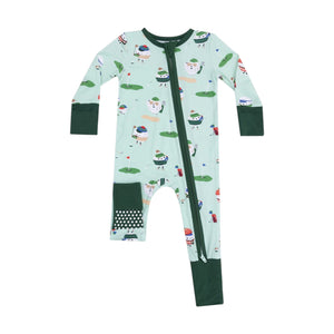 The Angel Dear Baby Golf Pros 2-Way Zipper Romper features a golf print, dark green cuffs, and a diagonal zipper. Made from ultra-soft bamboo viscose for all-day comfort.
