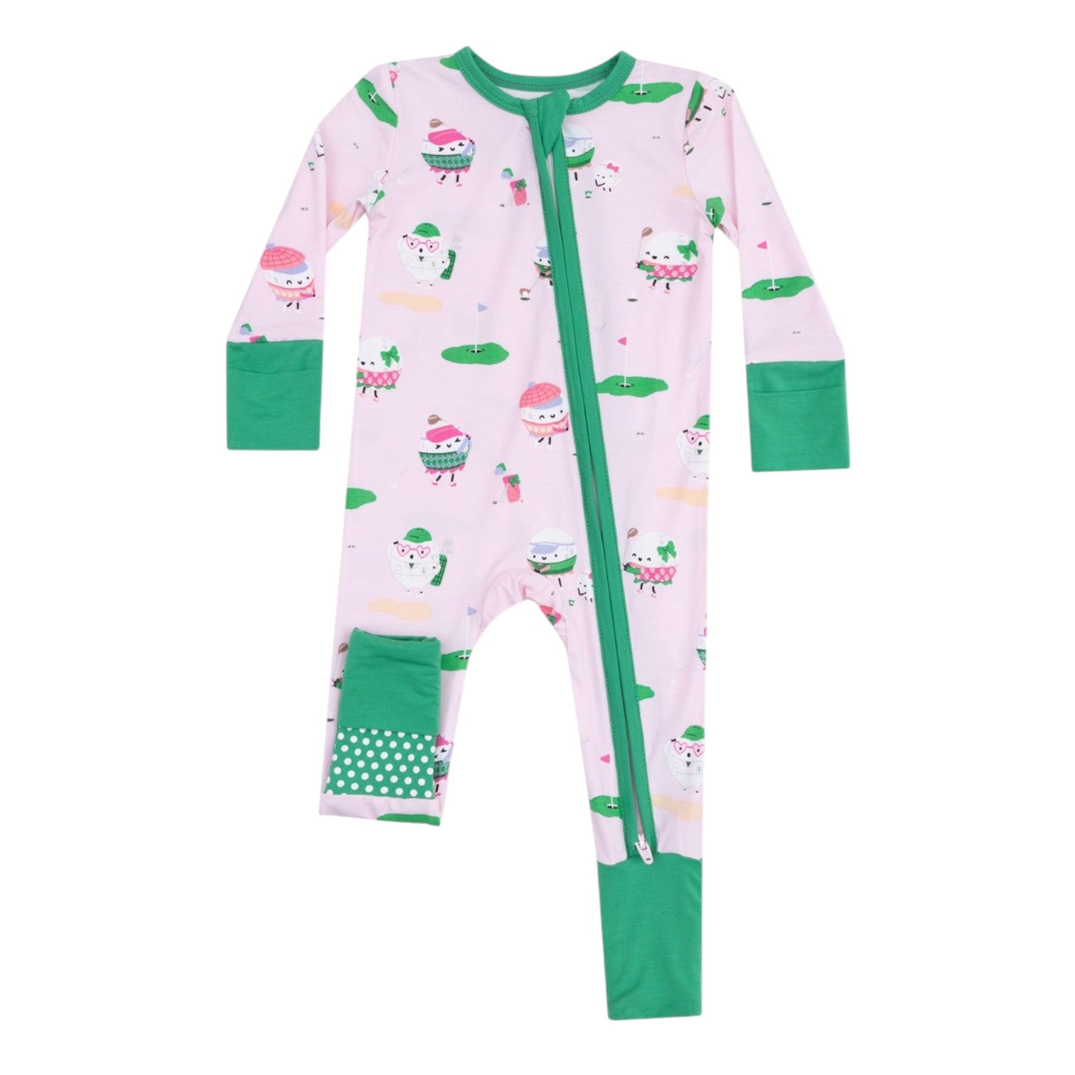 The Angel Dear Baby Golf Pros 2-Way Zipper Romper is a pink onesie with green trim, long sleeves, a diagonal zipper, and signature golf-themed prints, made from Viscose from Bamboo.