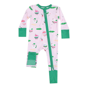 The Angel Dear Baby Golf Pros 2-Way Zipper Romper is a pink onesie with green trim, long sleeves, a diagonal zipper, and signature golf-themed prints, made from Viscose from Bamboo.