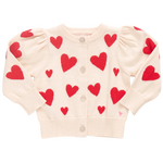 Explore the Pink Chicken Baby Girls' Constance Sweater, a classic cream cardigan adorned with red heart patterns, charming puffy sleeves, and a glitter button front for added sparkle.