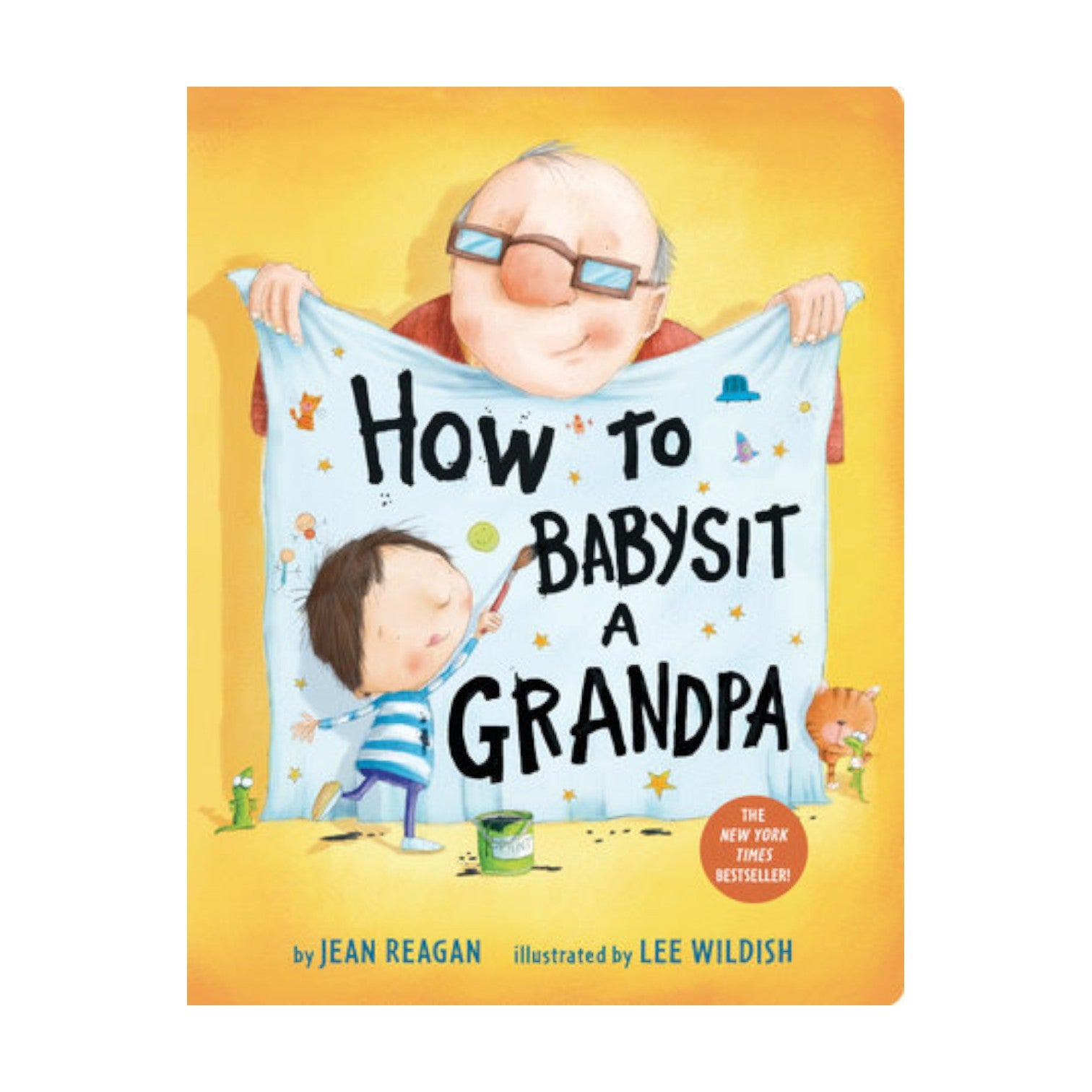 The cover of "How to Babysit a Grandpa" by Penguin Random House shows a child holding a sign with grandpa behind him, featuring playful artwork that highlights fun activities together.