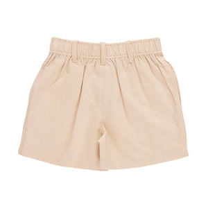 The Pink Chicken Baby Boys’ Jackson Short in beige features a high-waisted cotton canvas design with a pull-on elastic waist and belt loops, shown flat on a white background.