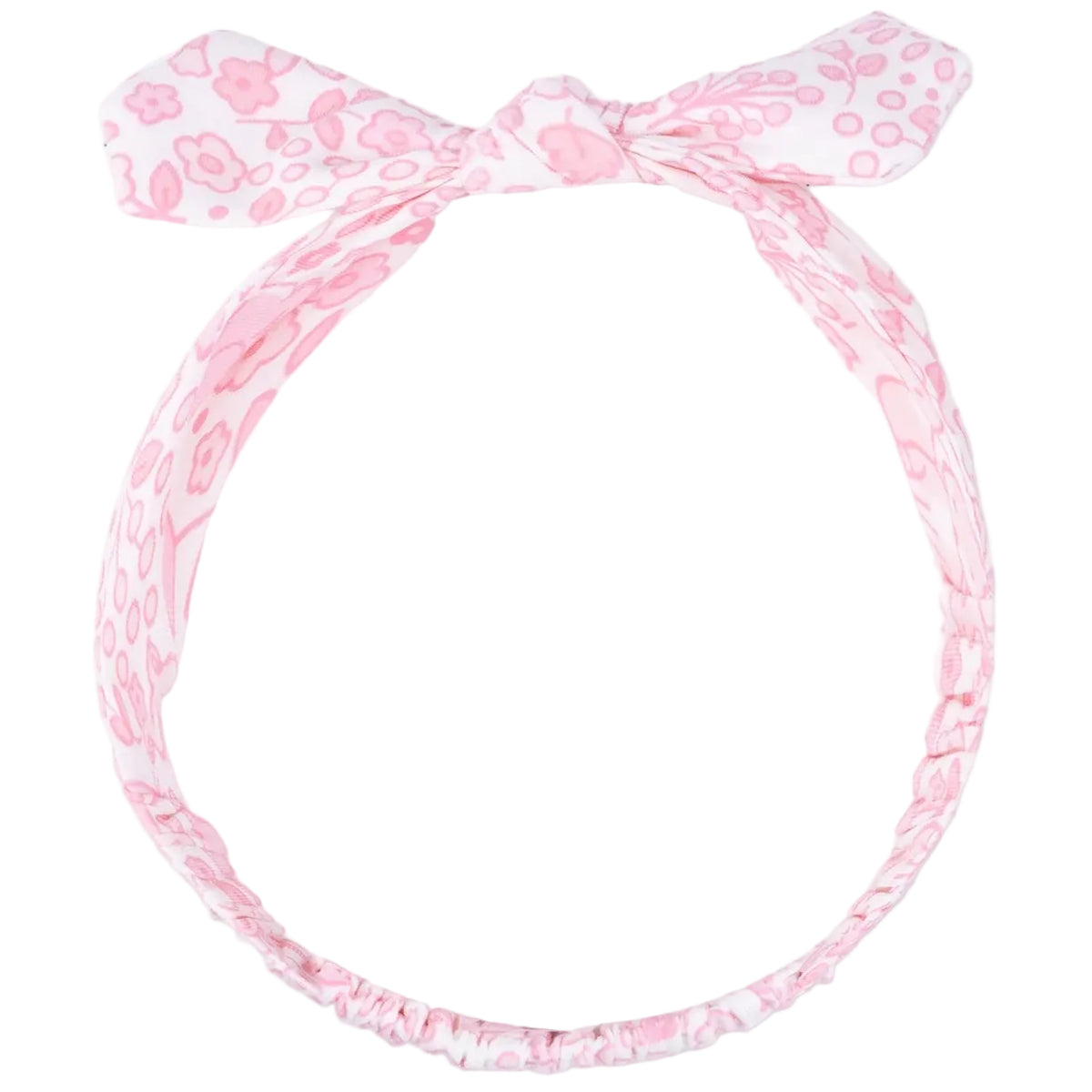 The Angel Dear Knot Headband is a soft, comfortable bamboo headband for your little one, featuring a charming floral pattern, a cute bow on top, and an elastic section at the bottom.