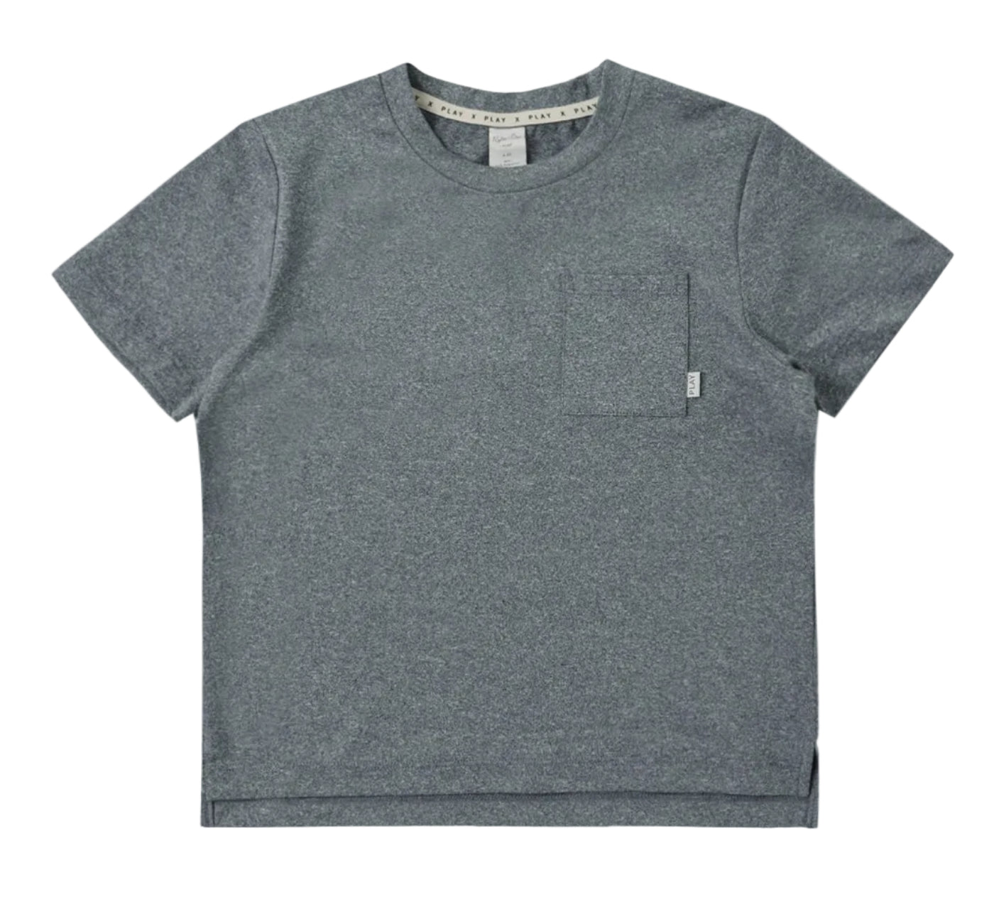 The Boys’ Cove Essential Pocket Tee by Rylee & Cru is a gray short-sleeve t-shirt featuring a crew neck and a small front pocket on the left side, shown laid flat on a white background—an everyday staple for comfortable and casual style.