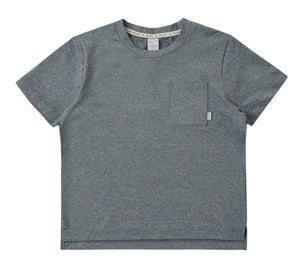 The Boys’ Cove Essential Pocket Tee by Rylee & Cru is a gray short-sleeve t-shirt featuring a crew neck and a small front pocket on the left side, shown laid flat on a white background—an everyday staple for comfortable and casual style.