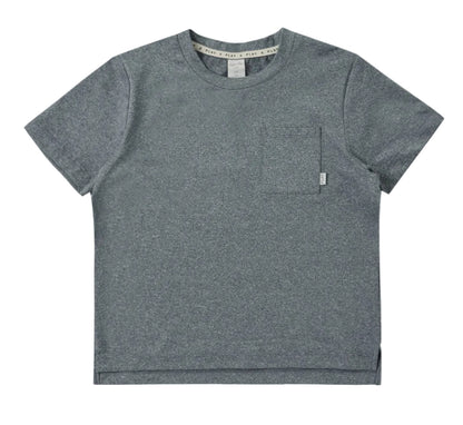 The Boys’ Cove Essential Pocket Tee by Rylee & Cru is a gray short-sleeve t-shirt featuring a crew neck and a small front pocket on the left side, shown laid flat on a white background—an everyday staple for comfortable and casual style.