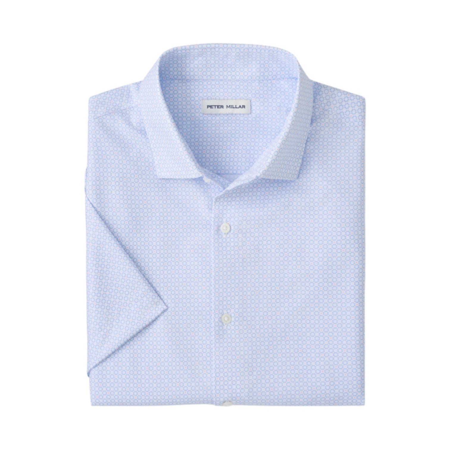 The Peter Millar Baldwin Performance Sport Shirt is light blue, short-sleeve, features a subtle geometric pattern, two-way stretch, and has a label inside the collar.