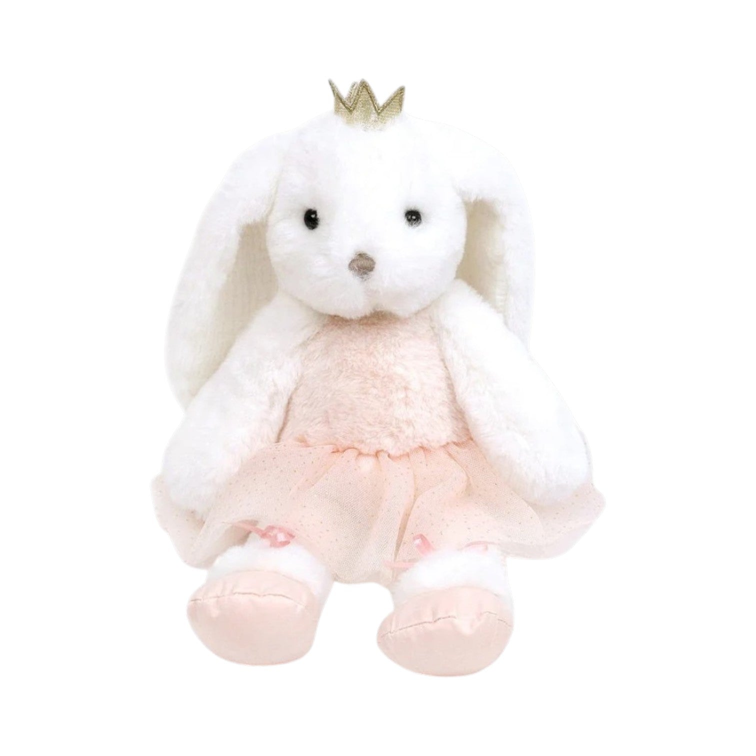 Ashley Ballerina Bunny by Mon Ami, a plush white bunny adorned with a gold crown, pink tulle dress, and matching pink ballerina slippers, sits upright against a white background.