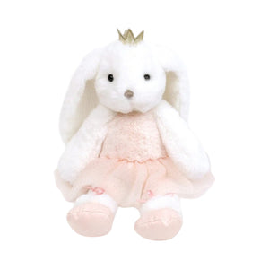 Ashley Ballerina Bunny by Mon Ami, a plush white bunny adorned with a gold crown, pink tulle dress, and matching pink ballerina slippers, sits upright against a white background.
