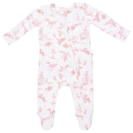 Angel Dear Baby Girls’ 2-Way Zipper Ruffle Back Zipper Footie, featuring long sleeves, footed design, a pink ballerina and floral print, and a diagonal zipper from neck to leg.