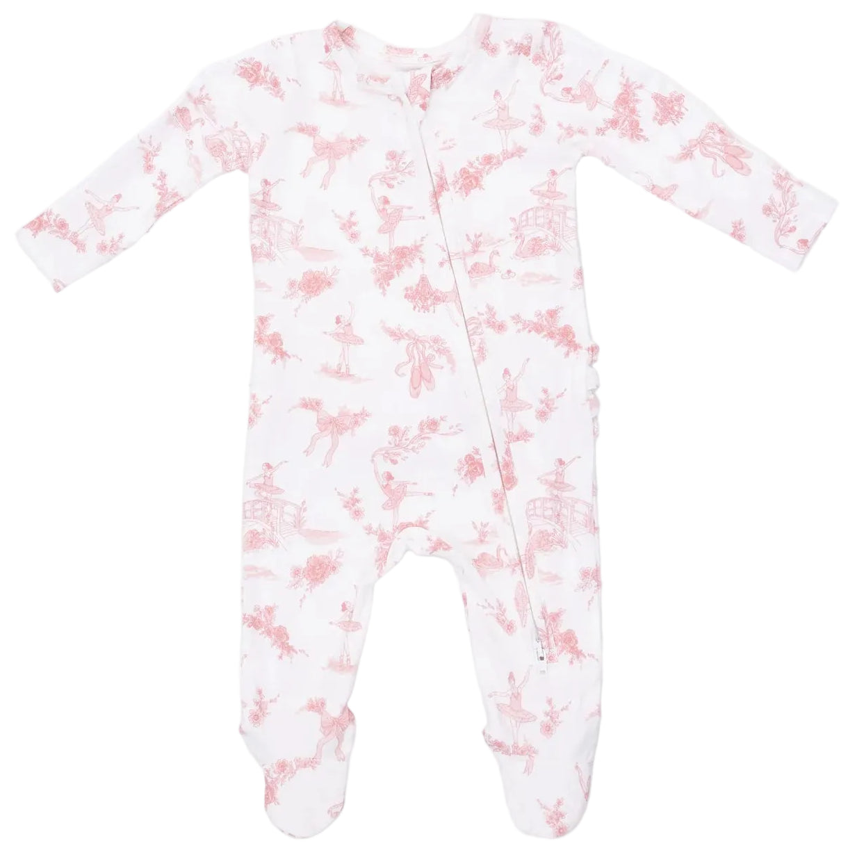 Angel Dear Baby Girls’ 2-Way Zipper Ruffle Back Zipper Footie, featuring long sleeves, footed design, a pink ballerina and floral print, and a diagonal zipper from neck to leg.