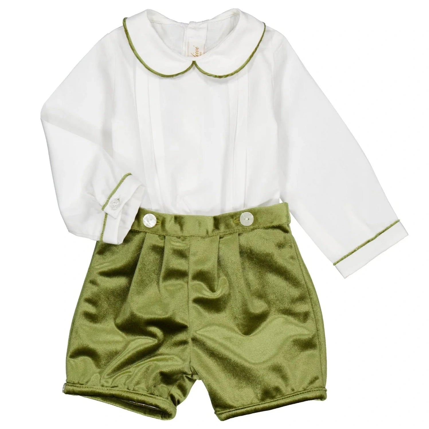The Kidiwi Baby Boys' Barnabé Set includes an elegant long-sleeve white poplin shirt with green piping and high-waisted olive velvet shorts with decorative buttons and pleats.