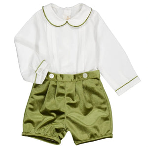 The Kidiwi Baby Boys' Barnabé Set includes an elegant long-sleeve white poplin shirt with green piping and high-waisted olive velvet shorts with decorative buttons and pleats.