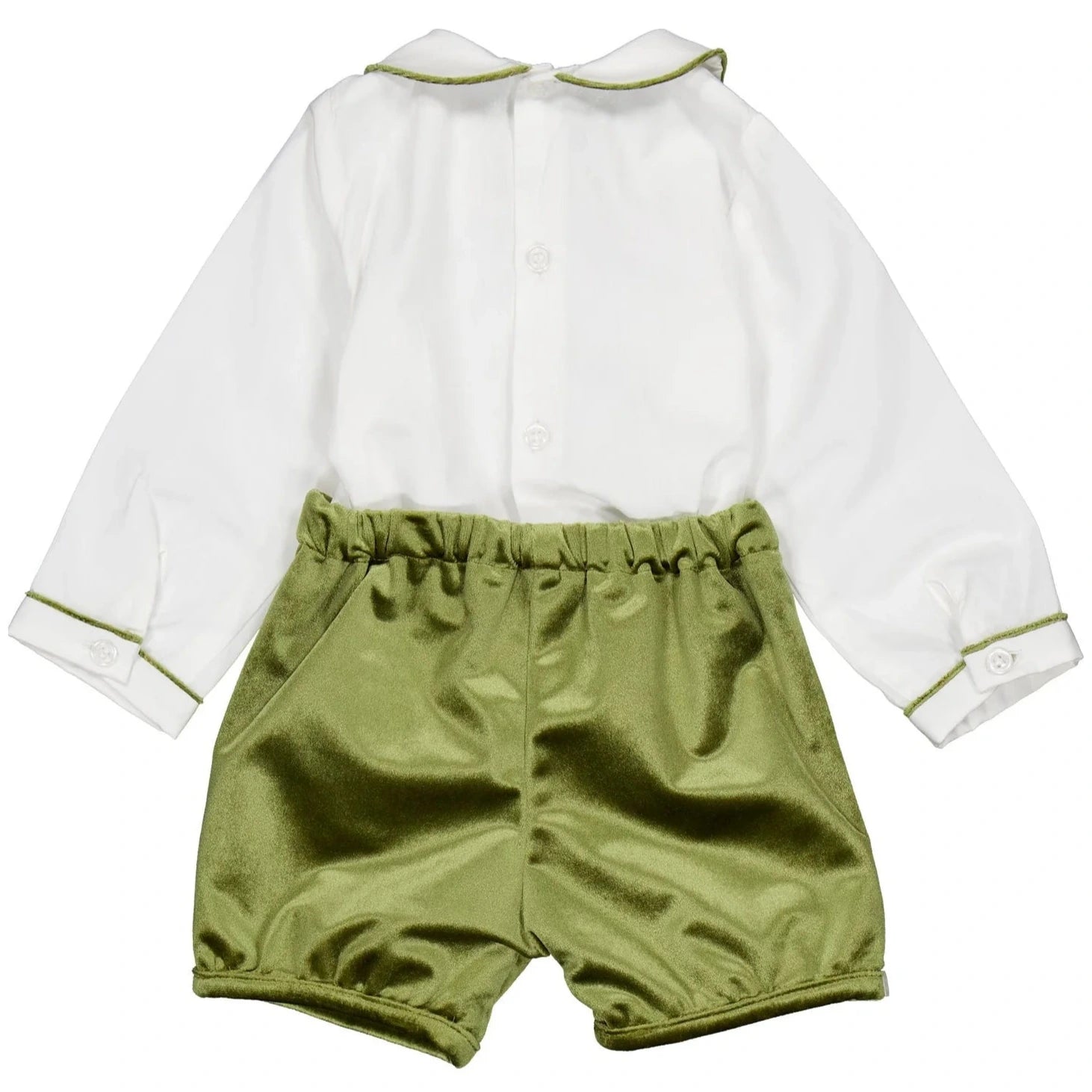 The Baby Boys' Barnabé Set by Kidiwi features a white long-sleeve poplin shirt with green trim and olive velvet shorts, displayed flat on a white background.