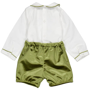 The Baby Boys' Barnabé Set by Kidiwi features a white long-sleeve poplin shirt with green trim and olive velvet shorts, displayed flat on a white background.
