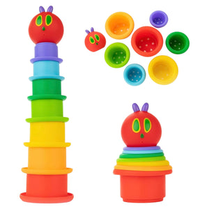 Kids Preferred Stacking Cups & Squirty Set features colorful stackable cups and a red The Very Hungry Caterpillar topper, arranged in various ways on a white background for interactive play.