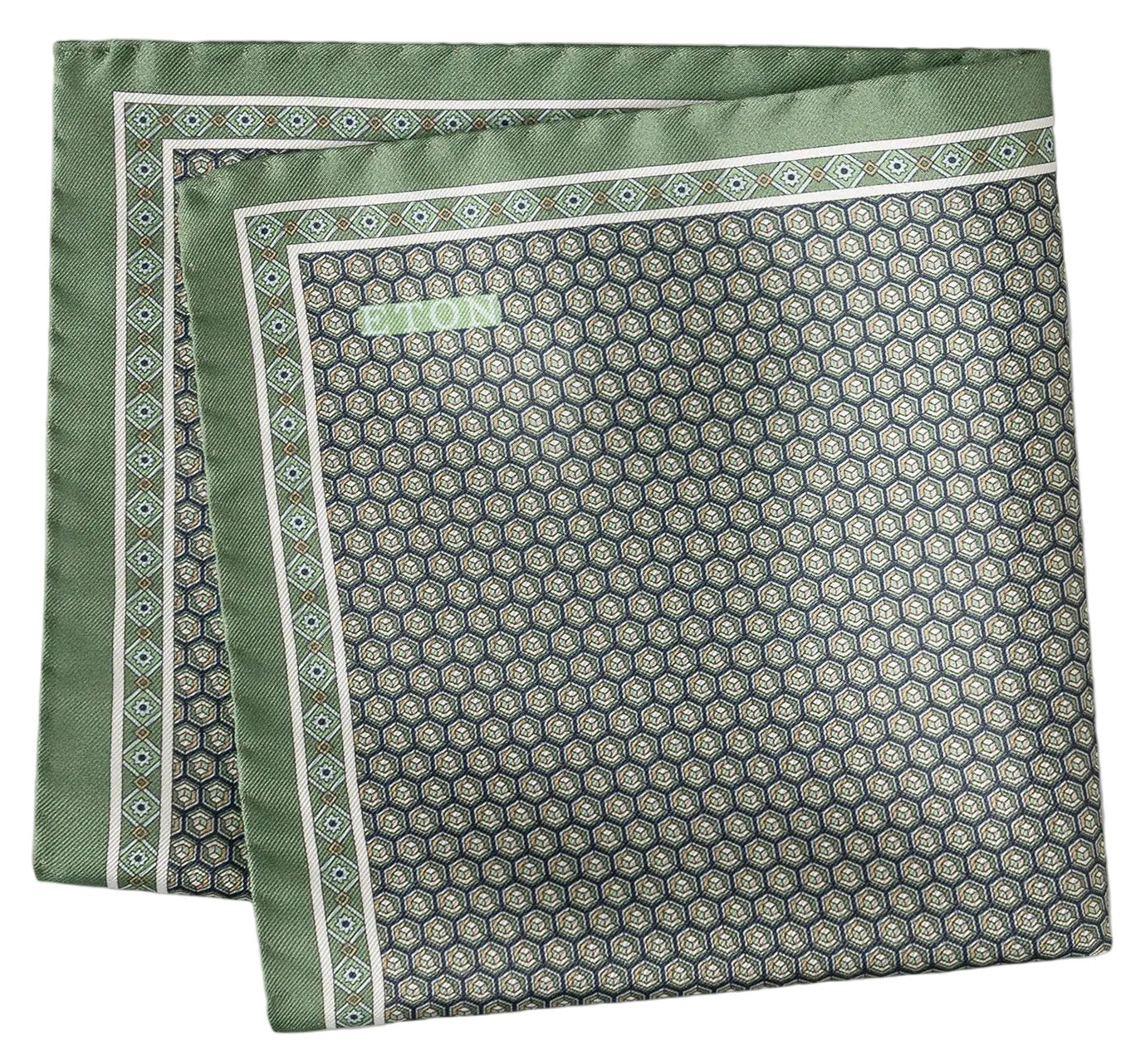 The Geometric Silk Twill Pocket Square by Eton features an elegant green and black geometric hexagonal pattern with a slim border, and is finished with the brand name in one corner. Expertly printed in Italy for a refined look.