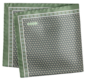 The Geometric Silk Twill Pocket Square by Eton features an elegant green and black geometric hexagonal pattern with a slim border, and is finished with the brand name in one corner. Expertly printed in Italy for a refined look.