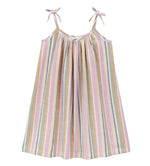 The ALP Bayadere Striped Strap Dress by Arsene & Les Pipelettes features pastel bayadere stripes and adjustable shoulder tie straps, crafted from lightweight cotton voile. It is shown laid flat against a white background.