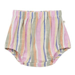 The Arsene & Les Pipelettes Baby Girls' Bayadere Stripes Bloomer features vertical pastel stripes in pink, purple, beige, blue, and gray. Made from soft cotton bloomer fabric with an elastic waistband for a comfortable fit, this stylish piece is shown against a white background.