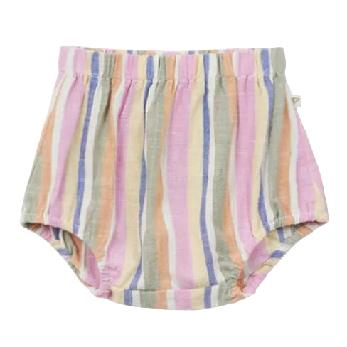 The Arsene & Les Pipelettes Baby Girls' Bayadere Stripes Bloomer features vertical pastel stripes in pink, purple, beige, blue, and gray. Made from soft cotton bloomer fabric with an elastic waistband for a comfortable fit, this stylish piece is shown against a white background.