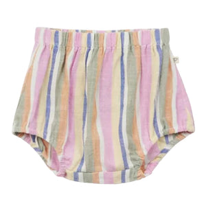 The Arsene & Les Pipelettes Baby Girls' Bayadere Stripes Bloomer features vertical pastel stripes in pink, purple, beige, blue, and gray. Made from soft cotton bloomer fabric with an elastic waistband for a comfortable fit, this stylish piece is shown against a white background.