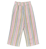 The Arsene & Les Pipelettes Girls' Bayadere Stripe Pants showcase wide legs and pastel bayadere stripes in pink, green, yellow, and purple. Made from lightweight cotton voile for breezy comfort, these pants feature an elastic waistband for an easy fit.