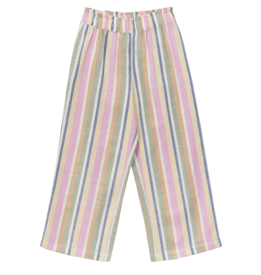 The Arsene & Les Pipelettes Girls' Bayadere Stripe Pants showcase wide legs and pastel bayadere stripes in pink, green, yellow, and purple. Made from lightweight cotton voile for breezy comfort, these pants feature an elastic waistband for an easy fit.