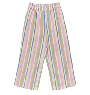 The Arsene & Les Pipelettes Girls' Bayadere Stripe Pants showcase wide legs and pastel bayadere stripes in pink, green, yellow, and purple. Made from lightweight cotton voile for breezy comfort, these pants feature an elastic waistband for an easy fit.