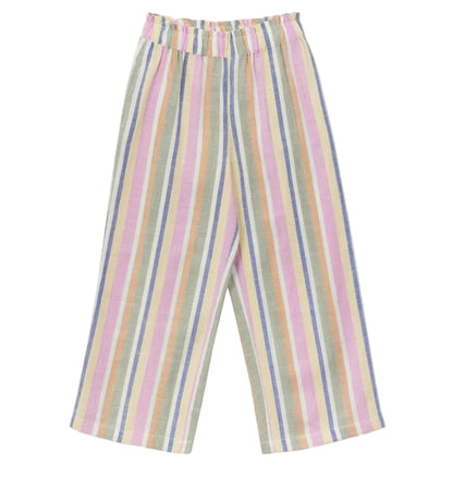 The Arsene & Les Pipelettes Girls' Bayadere Stripe Pants showcase wide legs and pastel bayadere stripes in pink, green, yellow, and purple. Made from lightweight cotton voile for breezy comfort, these pants feature an elastic waistband for an easy fit.