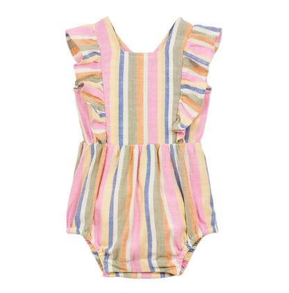 The Arsene & Les Pipelettes Baby Girls' Bayaderes Stripe Romper features charming ruffled shoulders and vertical pastel stripes in pink, yellow, blue, and beige. This adorable romper is perfect for warm days and playtime adventures.