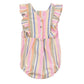 The Arsene & Les Pipelettes Baby Girls' Bayaderes Stripe Romper showcases pastel vertical stripes, front buttons, and charming ruffled sleeves, all set against a white background. This adorable cotton romper adds a sweet touch to any little one's wardrobe.
