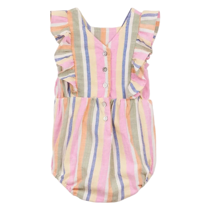 The Arsene & Les Pipelettes Baby Girls' Bayaderes Stripe Romper showcases pastel vertical stripes, front buttons, and charming ruffled sleeves, all set against a white background. This adorable cotton romper adds a sweet touch to any little one's wardrobe.